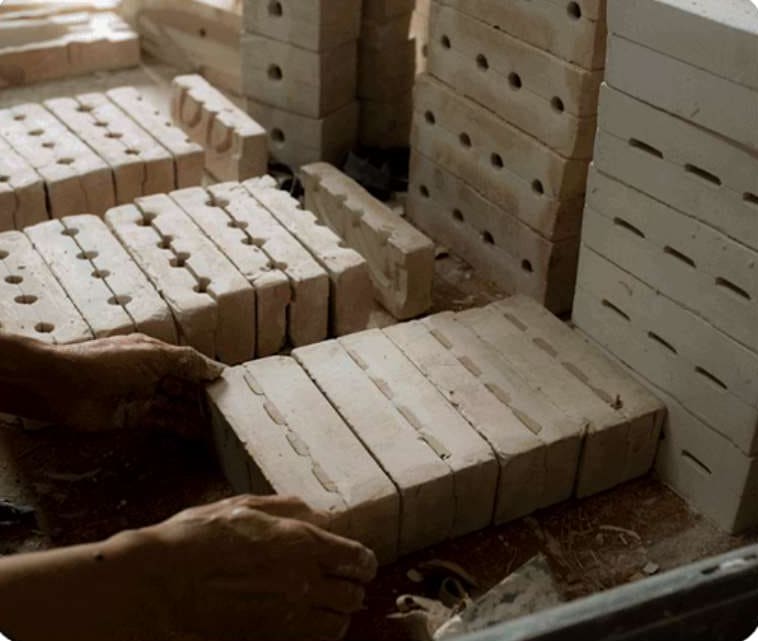 Plaster moulds stacked in the Bat Trang workshop