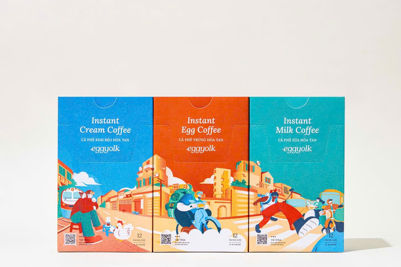 Three illustrated boxes: Instant Cream Coffee, Instant Egg Coffee and Instant Milk Coffee